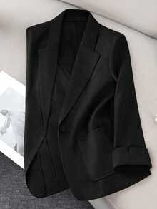 GlowEve CURVE Plus Size Women's Summer Smart Casual Long Sleeve Blazer, Lapel Design, Black Button Style, Office Formal, Business Meetings, Solid Color - Black - View 1