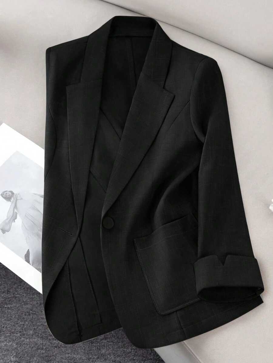 GlowEve CURVE Plus Size Women's Summer Smart Casual Long Sleeve Blazer, Lapel Design, Black Button Style, Office Formal, Business Meetings, Solid Color - Black - View 1