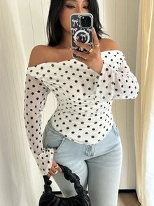 GalTyme 大尺碼女款露肩波點休閒T恤 - 黑與白 - 查看 6