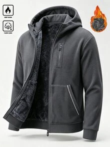 Manfinity Homme Autumn/Winter New Men's Fleece Hooded Jacket, Thickened Plush Lining, Multi-Pocket Zipper Loose Fit Grey - Grey - View 1