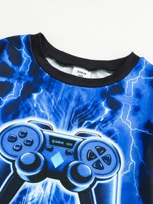SHEIN 2件組兒童青少年男孩休閒日常舒適遊戲機印花圓領套頭睡衣上衣與長褲針織居家服修身套裝 - 彩色 - 查看 3