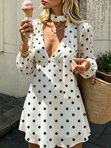 Cévolie French Minimalist Casual Polka Dot Long Sleeve Dress - White - View 2