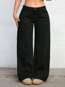 SHEIN CURVE+ Celana Jeans Denim Lurus Kasual Serbaguna untuk Wanita Ukuran Plus - Hitam - View 1