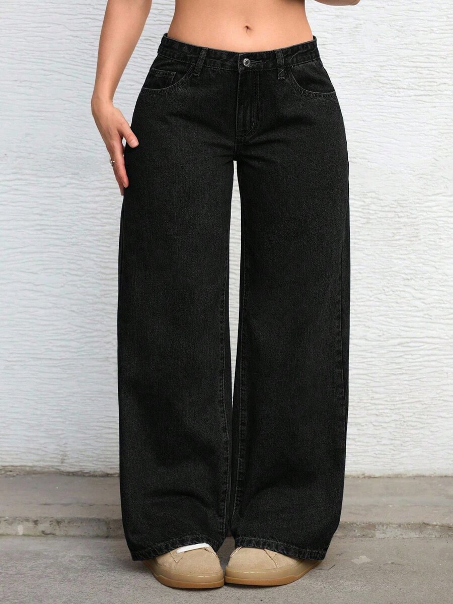SHEIN CURVE+ Celana Jeans Denim Lurus Kasual Serbaguna untuk Wanita Ukuran Plus - Hitam - View 1