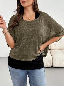 SHEIN Essnce 大尺碼蝙蝠袖T恤與背心2件組 - 軍綠色 - 查看 3