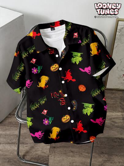 LOONEY TUNES X SHEIN Manfinity Joysei Men's Halloween Pumpkin Pattern Printed Button-Down Shirt