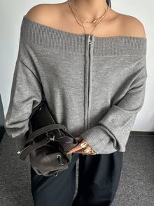 POPSWAY Plus Size Women's Off-Shoulder Long Sleeve Zipper Front Knit Cardigan Fall - Grey - View 4