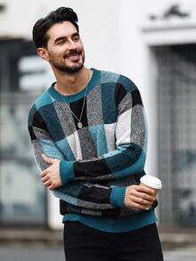 Manfinity Mode Men's Colorblock Casual Versatile Daily Wear Long Sleeve Sweater - Teal Blue - View 4
