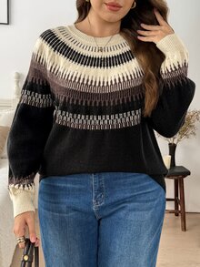 Easowa Curve Plus Size Autumn/Winter Casual Colorblock Striped Pullover Sweater - Multicolor - View 2