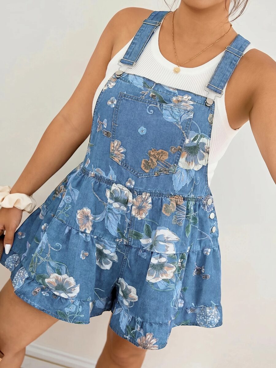 Lounesse Plus Size Floral Print Denim Overalls - Light Wash - View 1