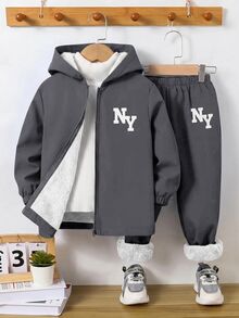 SHEIN 2件組兒童淺藍色夾克 + 棕色厚抓絨內裡梭織長褲套裝，適合通勤、上學、休閒穿著、度假、運動、冬季與新年出遊 - 藏蓝色 - 查看 6
