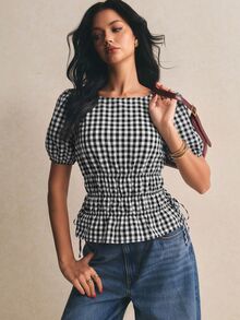 Poéselle 女款棉混紡黑白格紋圓領短版花瓣袖抽褶腰上衣 休閒復古法式夏季上衣 野餐早午餐穿搭 - 黑與白 - 查看 3