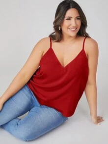 SHEIN BASICS 大尺碼純色細肩帶背心上衣 夏季女款上衣 夏日穿搭 - 紅色 - 查看 6