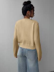 SHEIN BASICS 女款休閒純色圓領長袖寬鬆短版黑色針織開襟外套 冬季外套 - 卡其色 - 查看 2