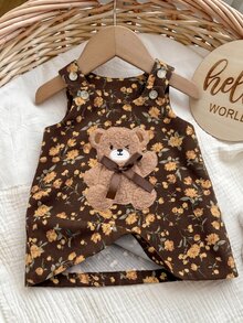 SHEIN 新生女嬰可愛百搭休閒卡通熊與碎花洋裝 - 棕色 - 查看 3