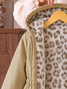 SHEIN Elladie kids 1件女款冬季新款粉色花卉保暖內裡拉鍊開襟外套，彈性腰頭連帽衛衣，加厚保暖休閒通勤百搭極簡時尚防寒夾克 - 卡其色 - 查看 3