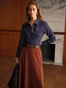 MOTF PREMIUM WOMEN'S FRONT BUTTON FLAP DETAIL SHIRT WITH SCARF - Blue - View 7