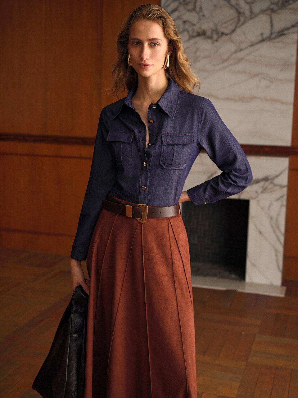 MOTF WOMEN'S FRONT BUTTON FLAP DETAIL SHIRT WITH SCARF