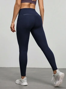 Easithlete Easithlete 女款高腰口袋休閒基礎款低腰百搭日常穿著運動緊身褲健身跑步海軍藍夏季 - 藏蓝色 - 查看 3