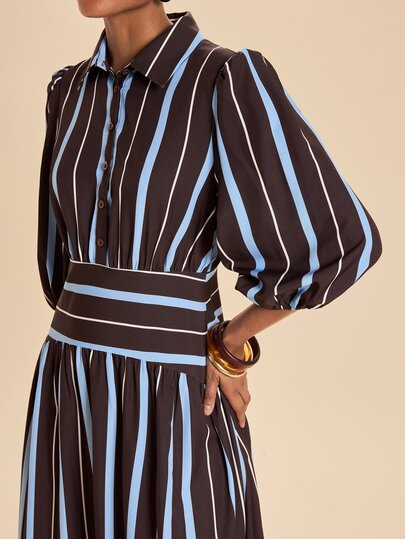 Travachic Vestido Camisa Casual Feminino com Mangas Lanterna Listradas