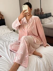 Napfluff CURVE Napfluff CURVE Plus Size Women's Embossed Gold Velvet Pajama Set - Pink - View 4