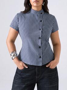 LYSMO 大尺碼女款夏季休閒優雅商務休閒格紋綁腰襯衫 辦公正式藍白條紋 - 彩色 - 查看 3