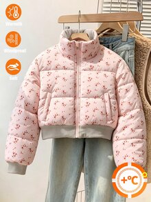 青少年女孩粉色花卉印花短版夾克冬季保暖外套 - 粉色 - 查看 4