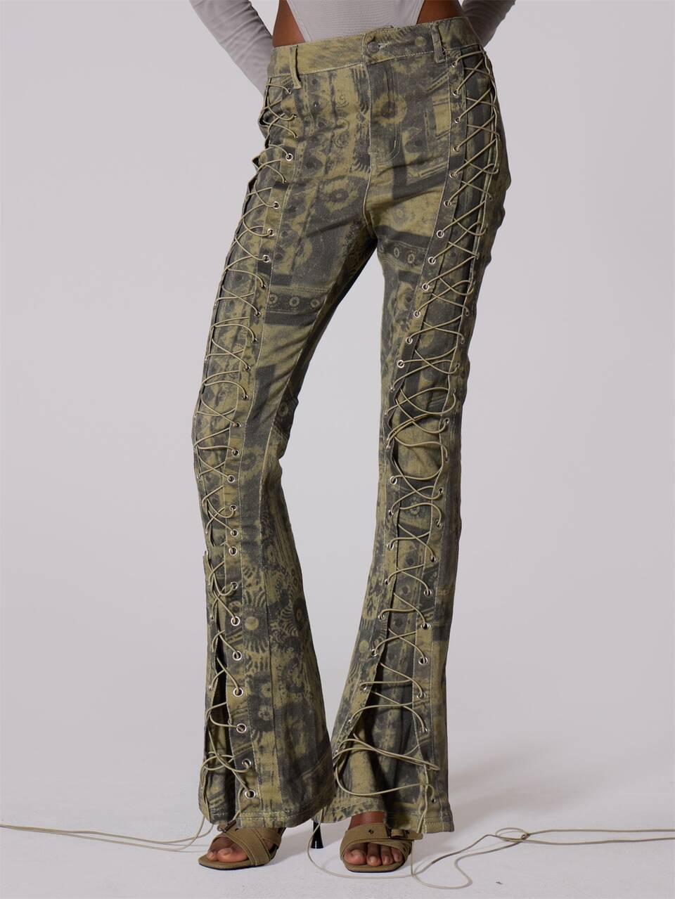 Green Snake Print Denim Low Rise Lace Up Pants