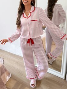 SweetSlumber Women's Striped Contrast Color Lapel Wavy Trim Long Sleeve Pants Pajama Set - Pink - View 6
