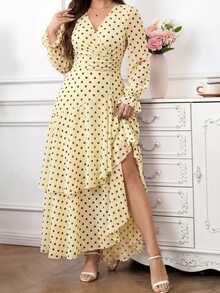 Amorya 2026新款女裝印花荷葉波浪下擺高彈力收腰顯瘦長洋裝 度假洋裝 百褶洋裝 花卉洋裝 - 黃色 - 查看 6
