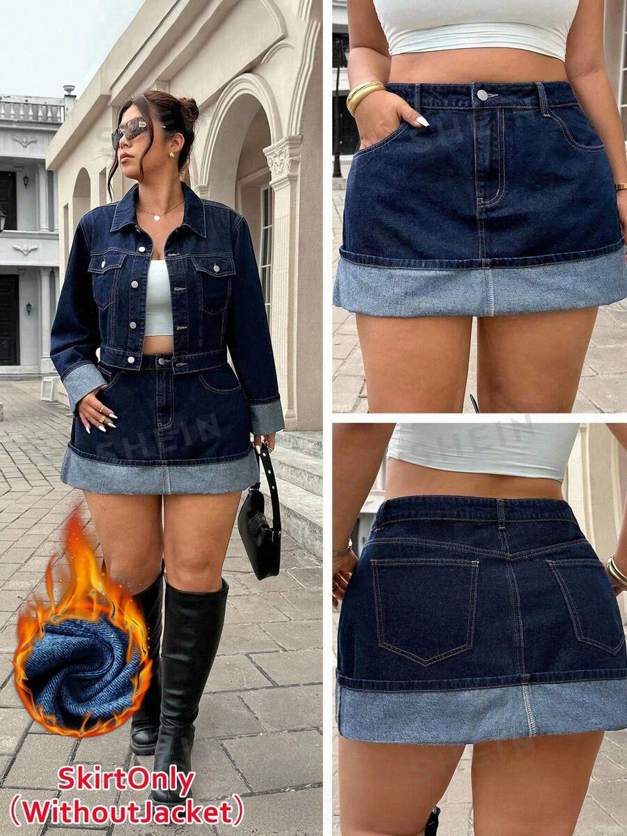 SHEIN ICON 大尺碼高腰修身摺疊A字牛仔裙 - 深色水洗藍 - 查看 1