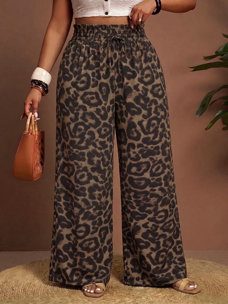Slaydiva 2026 Spring/Summer New Leopard Print Loose Extra Long Plus Size Women's Pants For Vacation, Casual, Beach, Sand, Bonfire Party - Coffee Brown - View 4