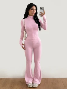 Coolane Women's Summer Sport Yoga Shaping Zipper Detail Jacket + Butt-Lifting Flared Long Pants Pink 2pcs - Pink - View 5