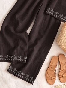 Rusticease Women's Cashew Embroidery Round Neck Tank Top And Long Pants Casual Set - Coffee Brown - View 6