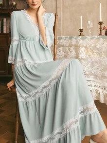 Côtesoire ثوب نوم نسائي أنيق مريح بتصميم دانتيل مرقع - أزرق فاتح اللون - مشاهدة 7