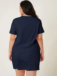 SHEIN BASICS 大尺碼女款短袖純色T恤洋裝 夏季休閒連身裙 - 藏蓝色 - 查看 2