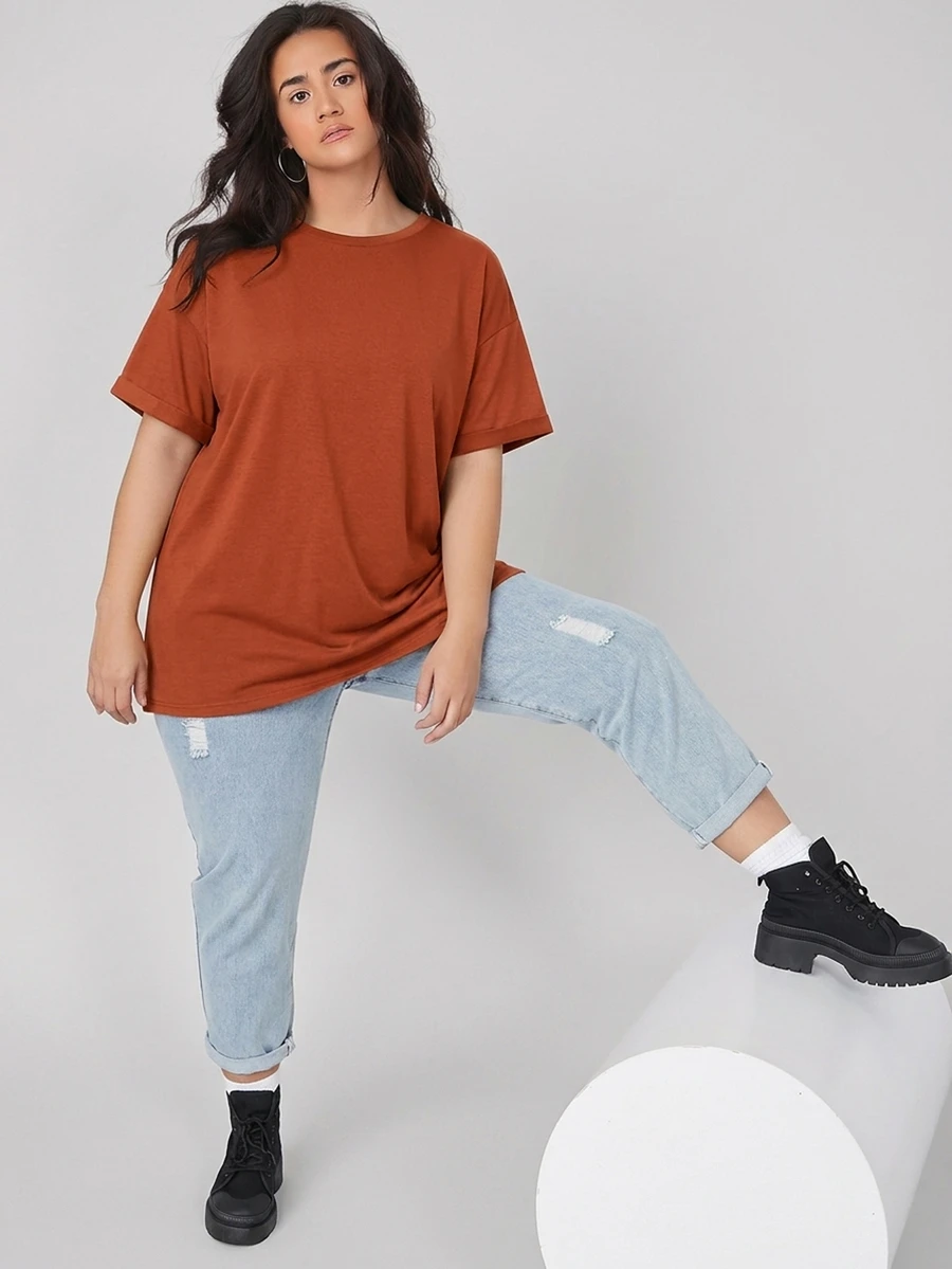 SHEIN BASICS 大尺碼捲袖口純色夏季上衣 - 鏽棕色 - 查看 1