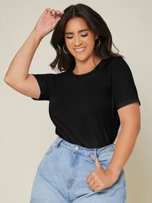 SHEIN BASICS 大尺碼純色圓領T恤夏季上衣 - 黑色 - 查看 3