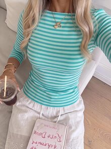 CovetEZ 女款休閒極簡條紋長袖T恤，適合日常通勤 - 彩色 - 查看 5