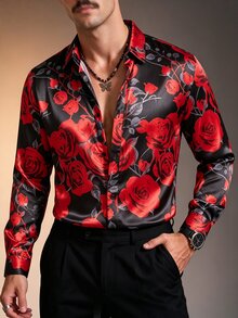 ZURIURI Men's Red Rose Loose Fashion Long Sleeve Shirt - Multicolor - View 5