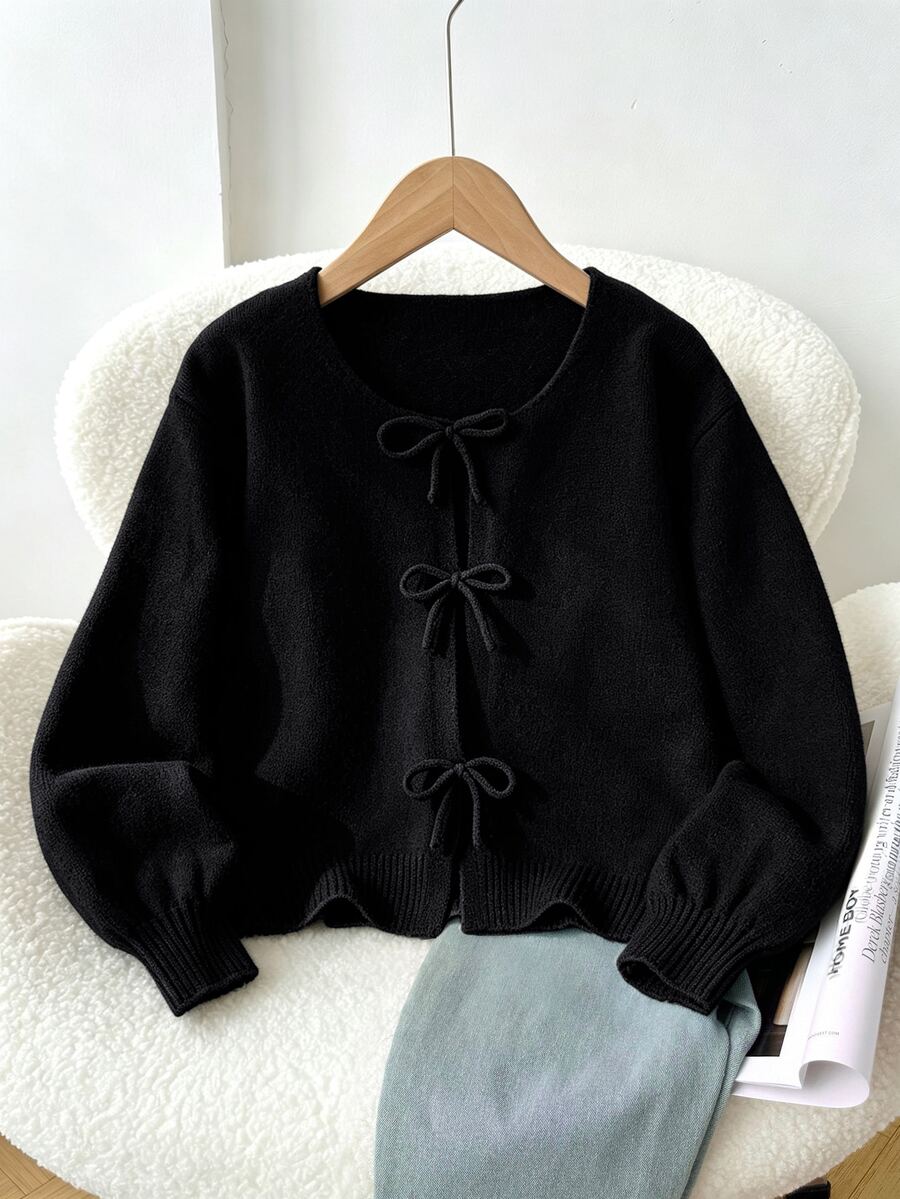 SHEIN 青少年女孩寬鬆休閒極簡舒適圓領長袖前綁帶蝴蝶結秋冬開襟衫 - 黑色 - 查看 1