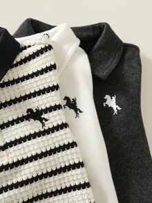 SHEIN 嬰兒男女通用 3 件組 秋冬休閒可愛保暖內裡加厚長袖 POLO 針織上衣，嬰兒冬季 Polo 衫上衣 - 黑與白 - 查看 5