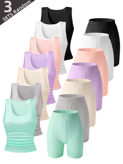 3 conjuntos aleatorios de camisetas de tirantes y pantalones cortos, diseño de tela de unicolor para un look minimalista y versátil, la paleta de colores incluye gris, rosa claro, beige, tono de piel claro, negro, morado claro, verde pálido, tela de punto suave con tacto suave y amigable con la piel y buena caída, cómodo y ajustado