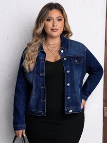 SHEIN CURVE+ Plus Size Women's Single-Breasted Casual Daily Denim Jacket - Dark Wash - View 7