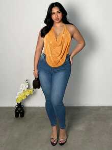 Firerie Plus Size Women's Cowl Neck Fashion Sexy Halter Tank Top - Coral Orange - View 6