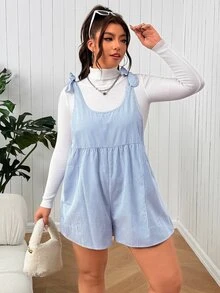 SHEIN EZwear 大尺碼女款條紋肩結休閒連身短褲 - 藍白色 - 查看 1