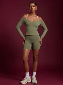 Zivah Women's Olive Green Sports Bra Shoulder Top Shorts Sportswear Set Gym Workout Activewear Outfit For Autumn Winter Workout Gym Active Modest - Multicolor - View 6
