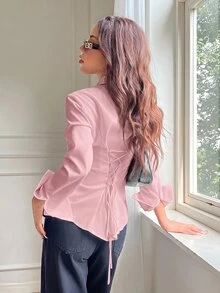 SHEIN EZwear 100%純棉粉色女款休閒百搭款前開鈕扣後收腰修身長袖襯衫，適合秋冬穿著 - 淺粉色 - 查看 4