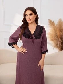 Lacomfia Gaun Pesta Kasual Leher V dengan Patchwork Renda untuk Wanita Ukuran Plus - Red Violet - View 3
