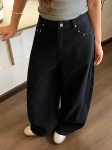 DAZY Women's Wide Leg Loose Casual Versatile Denim Jeans With Pockets Fall - Black - View 5